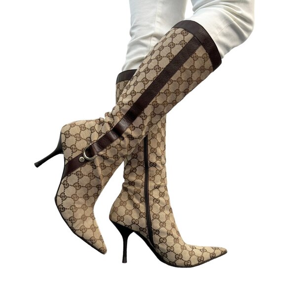GUCCI Vintage GG Monogram Long Boots #36-37 Heels Zip Beige Brown [104064] - Picture 1 of 12